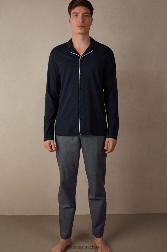 Intimissimi pijama largo abierto con motivo de piqué de canalé de algodón hombres 800-azul medianoche vestir L4BXFJ300