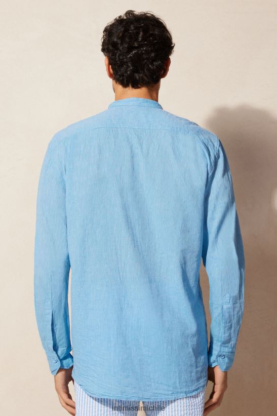 Intimissimi camisa con cuello mao de lino y algodón hombres 296j-azul brillante vestir L4BXFJ169