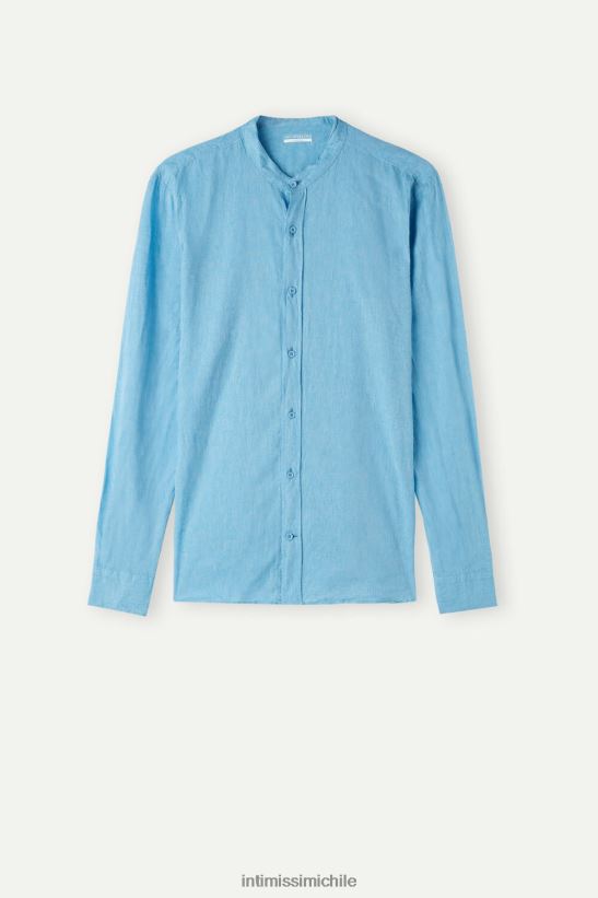 Intimissimi camisa con cuello mao de lino y algodón hombres 296j-azul brillante vestir L4BXFJ169