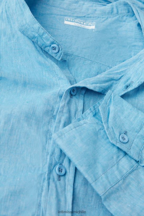 Intimissimi camisa con cuello mao de lino y algodón hombres 296j-azul brillante vestir L4BXFJ169