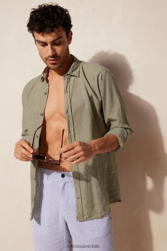 Intimissimi camisa de lino y algodón hombres 289j-verde militar vestir L4BXFJ163