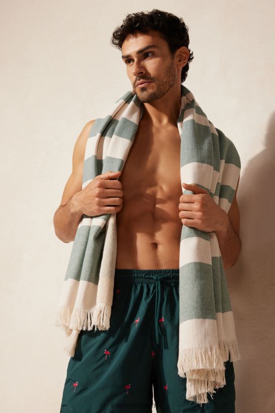 Intimissimi toalla de playa jacquard hombres 284j-verde oscuro/beige cordón accesorio L4BXFJ413