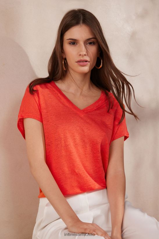 Intimissimi top de lino de manga corta con cuello en v mujer 219j-llama escarlata vestir L4BXFJ1306