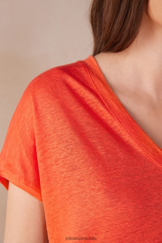 Intimissimi top de lino de manga corta con cuello en v mujer 219j-llama escarlata vestir L4BXFJ1306