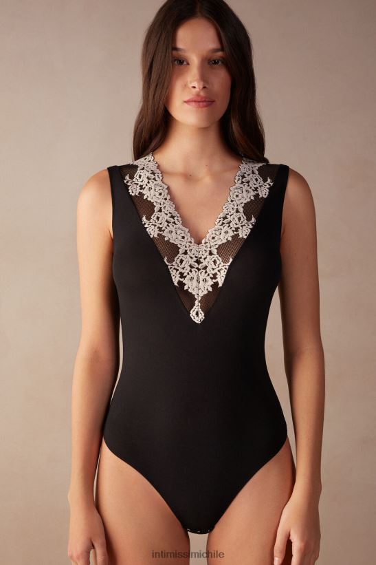 Intimissimi body con cuello en V y flores bonitas mujer 9887-negro/marfil vestir L4BXFJ1377